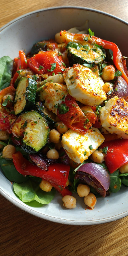 Roasted Vegetable and Halloumi Salad served warm with cozy spices