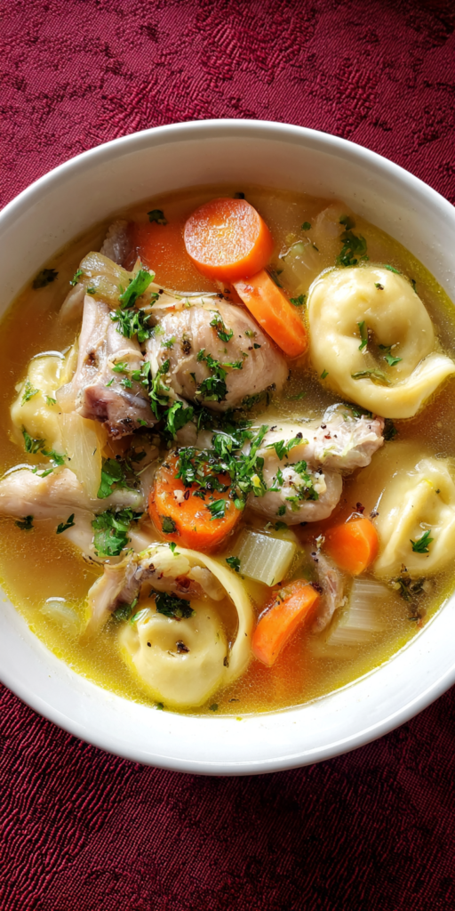 Rolled Dumplings Chicken Soup served warm with cozy spices
