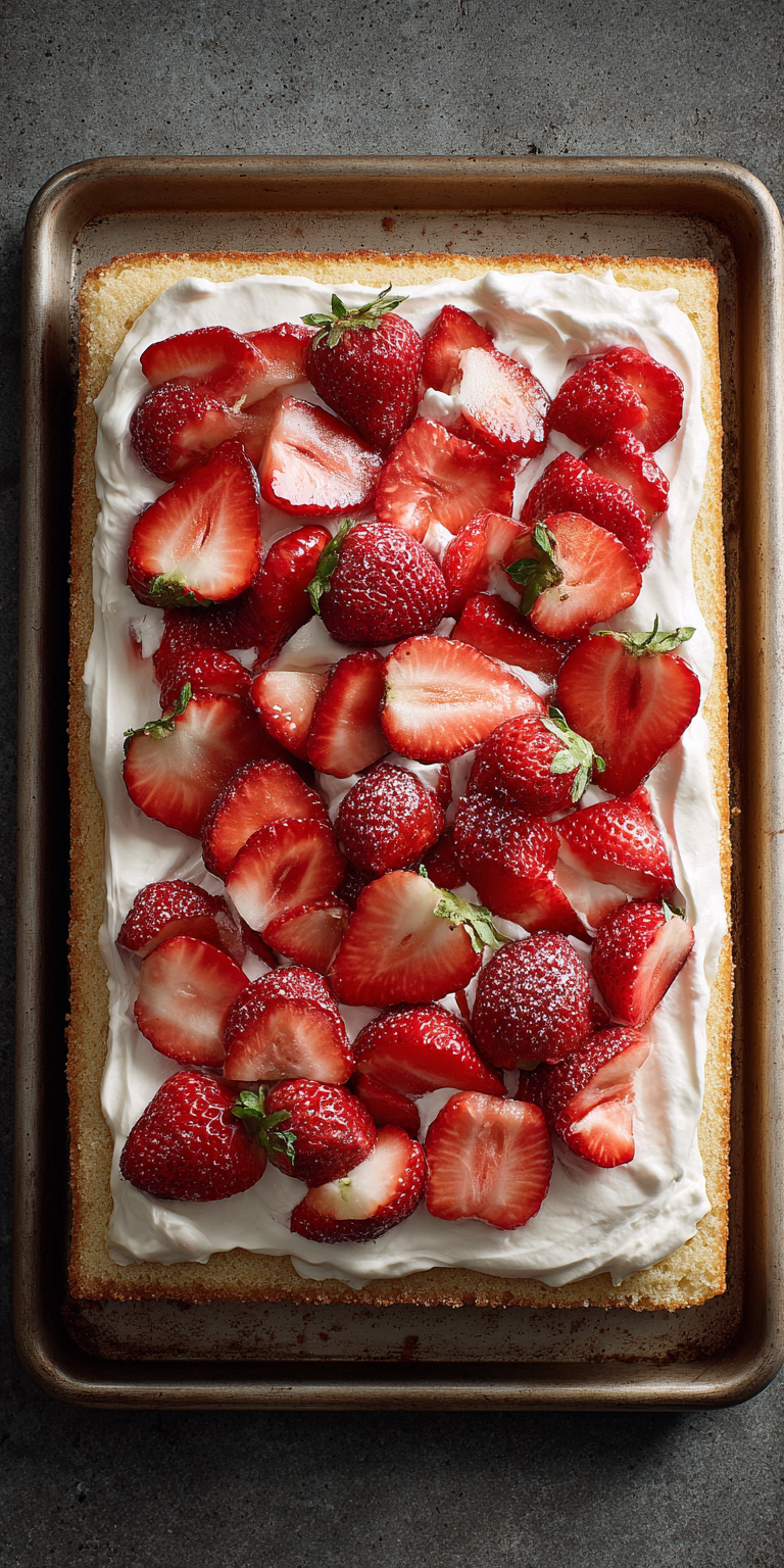 Sheet Pan Strawberry Shortcake Cake served warm with cozy spices