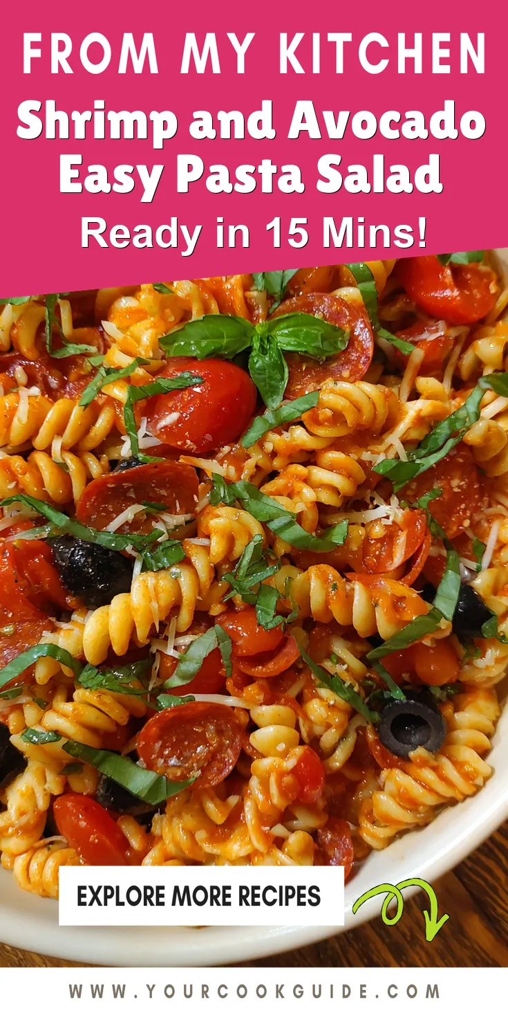 Shrimp and Avocado Easy Pasta Salad served warm with cozy spices