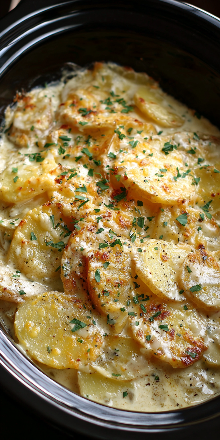 Slow Cooker Scalloped Potatoes Easy served warm with cozy spices