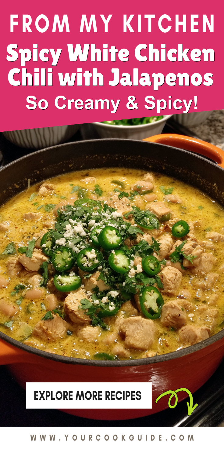 Spicy White Chicken Chili with Jalapenos served warm with cozy spices