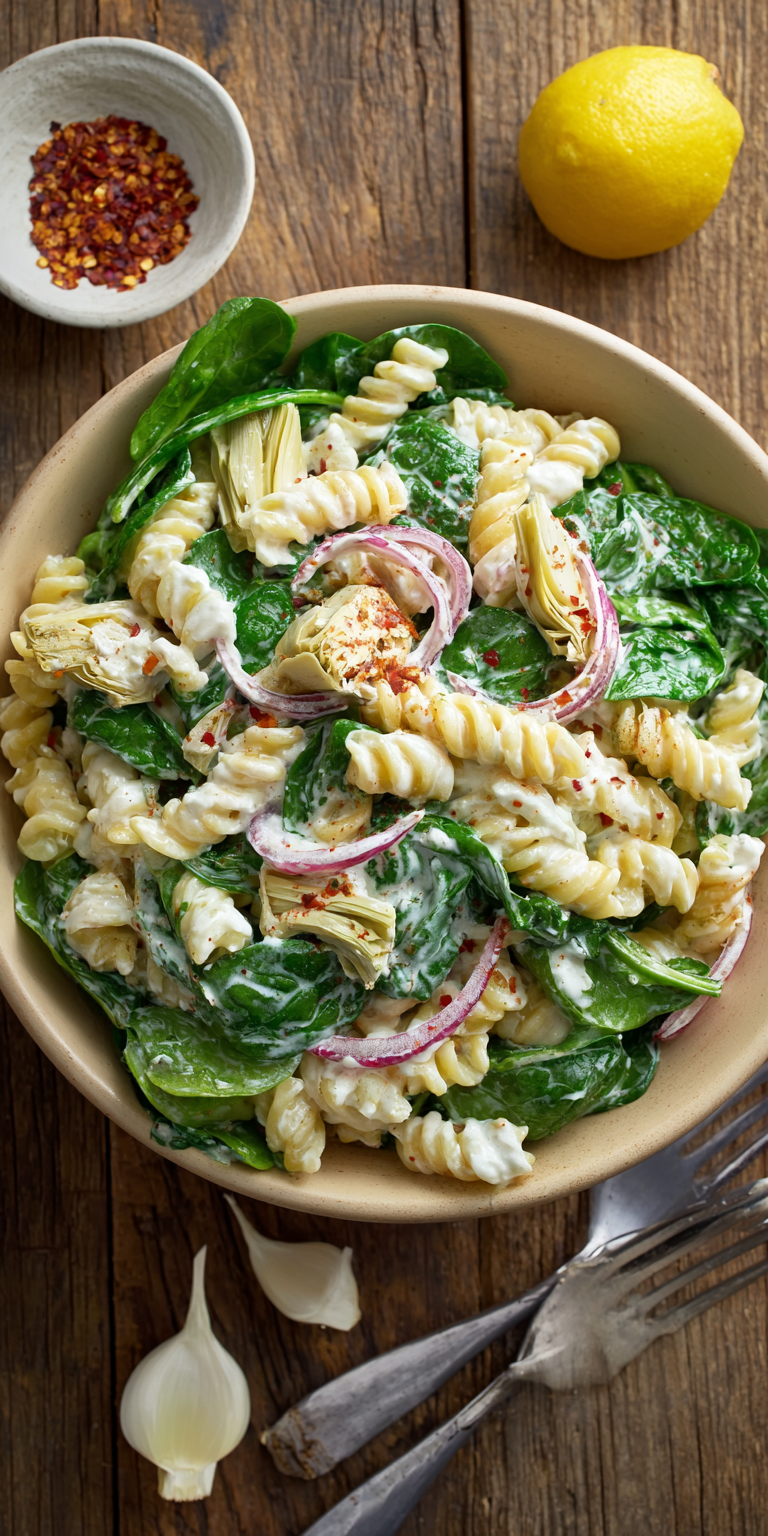 Spinach Artichoke Easy Pasta Salad served warm with cozy spices