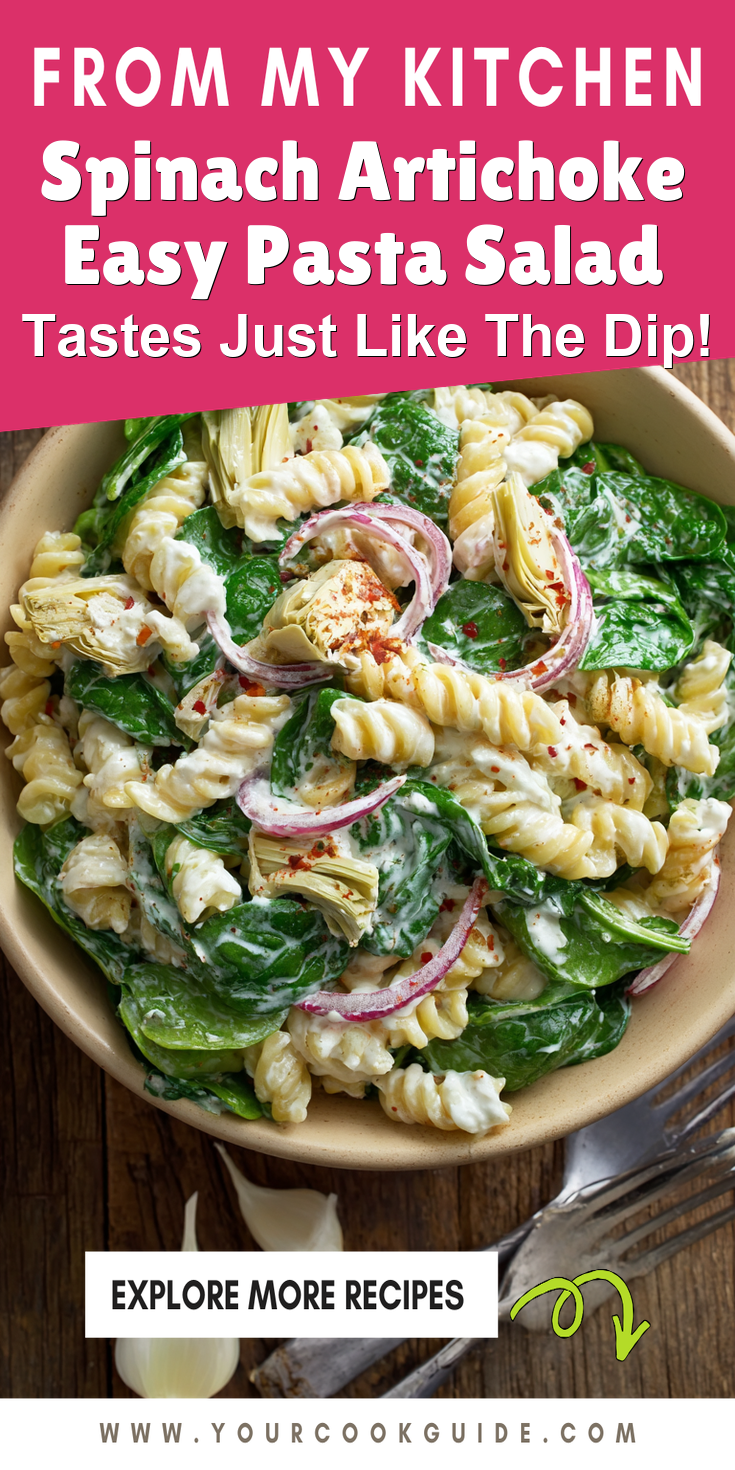 Spinach Artichoke Easy Pasta Salad served warm with cozy spices