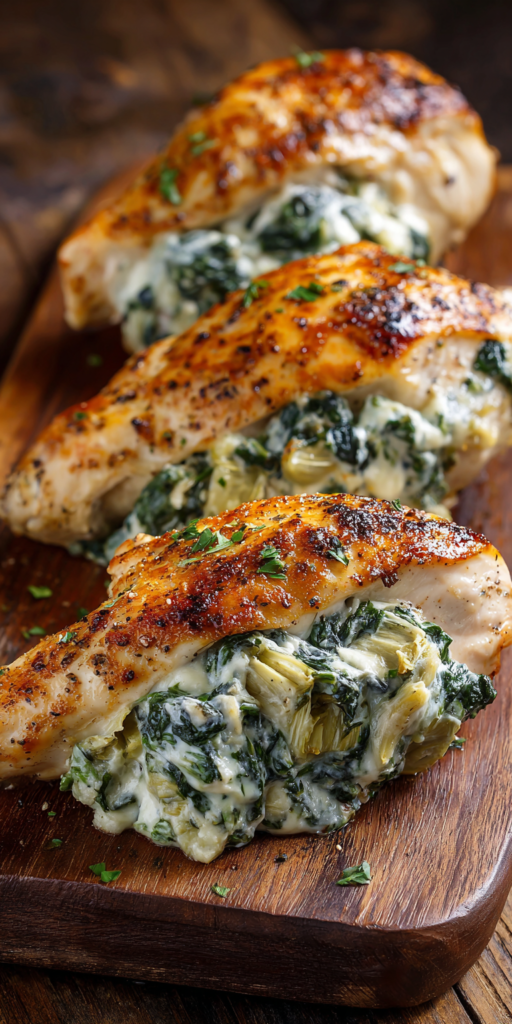 Spinach Artichoke Stuffed Easy Chicken served warm with cozy spices