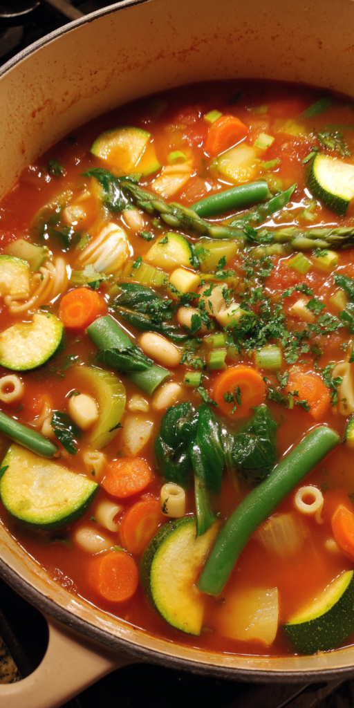 Spring Vegetable Minestrone Italian Soup served warm with cozy spices