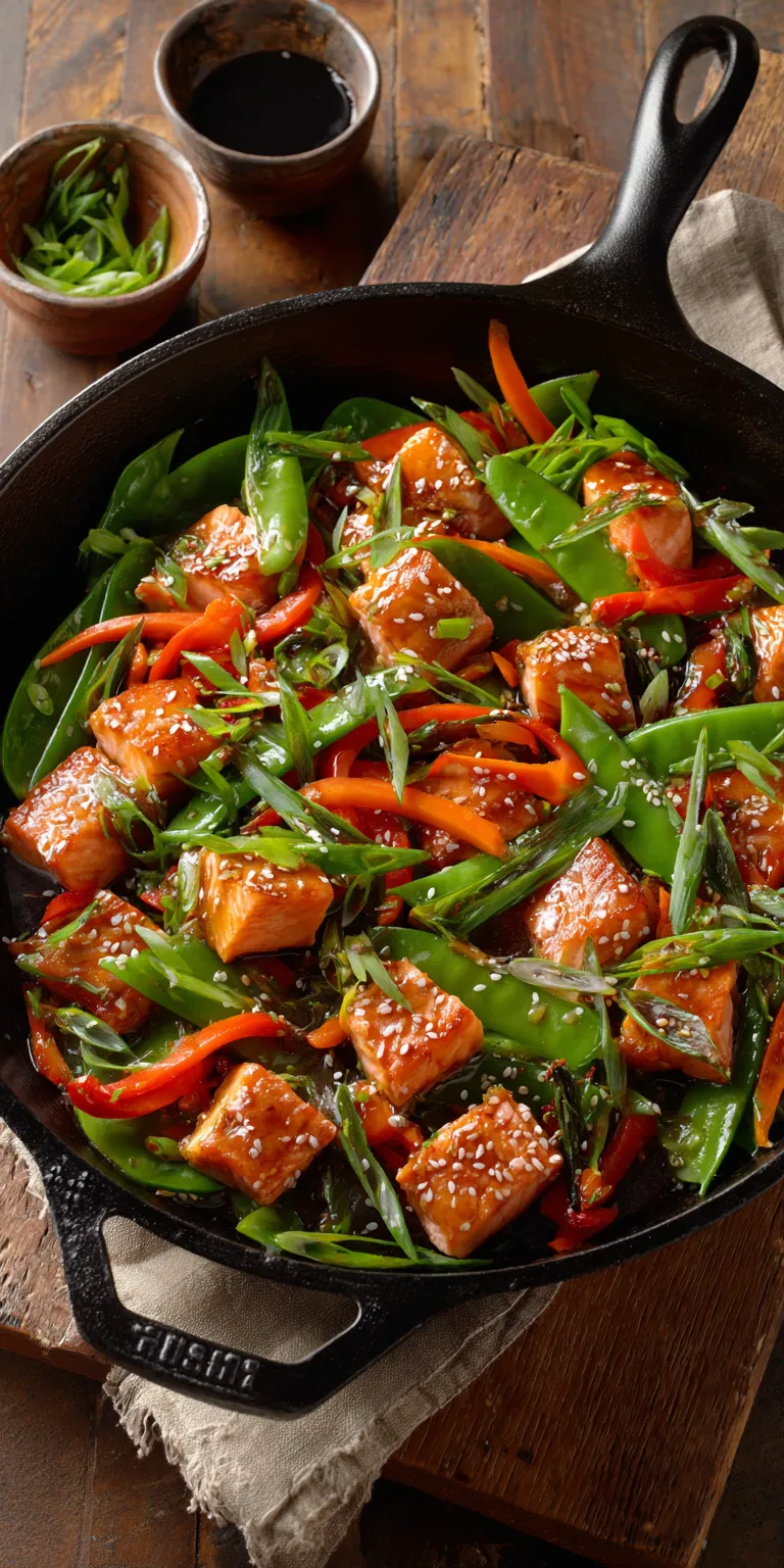 Sticky Sesame Salmon Stir Fry served warm with cozy spices