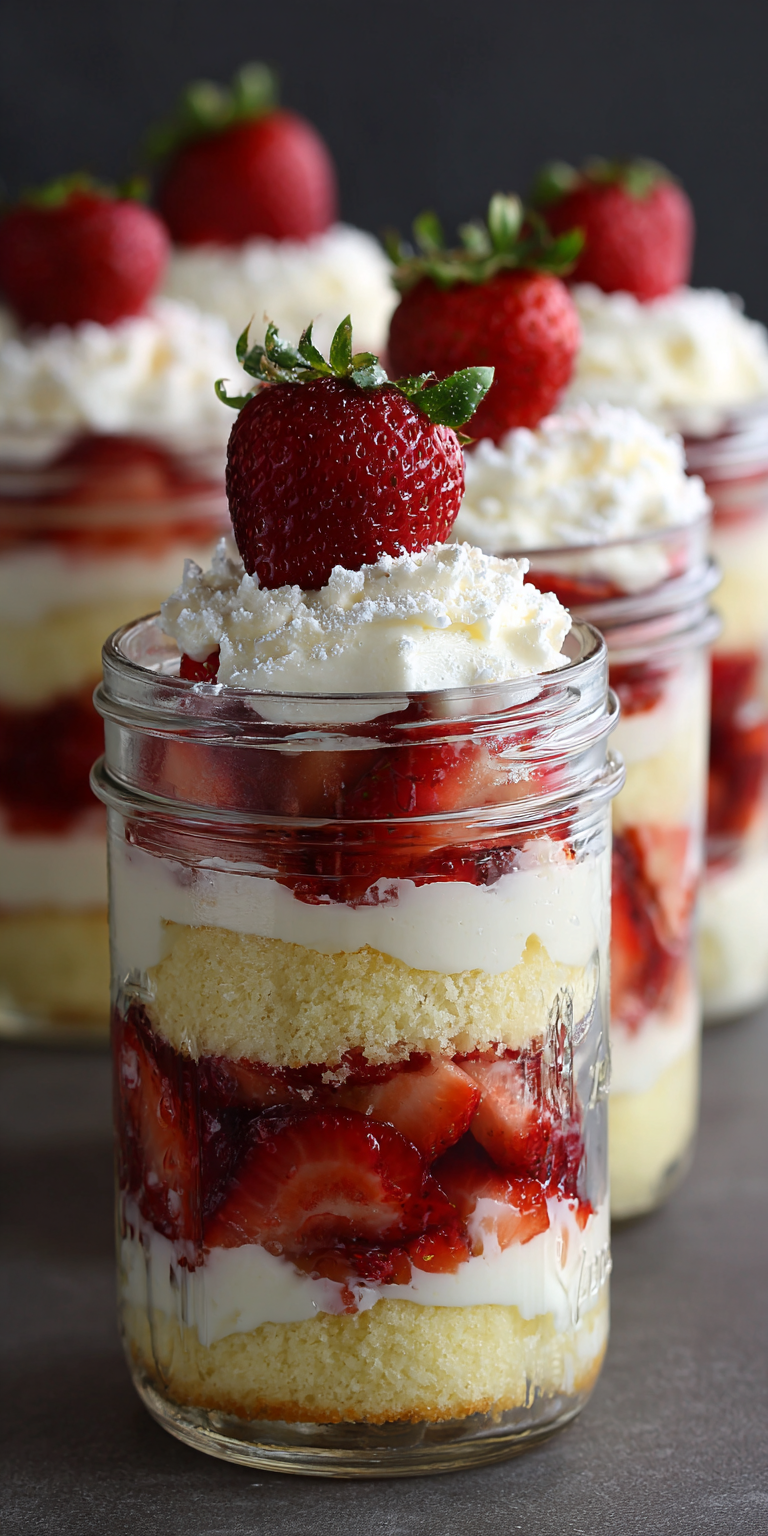 Strawberry Shortcake Trifle in Mason Jars served warm with cozy spices