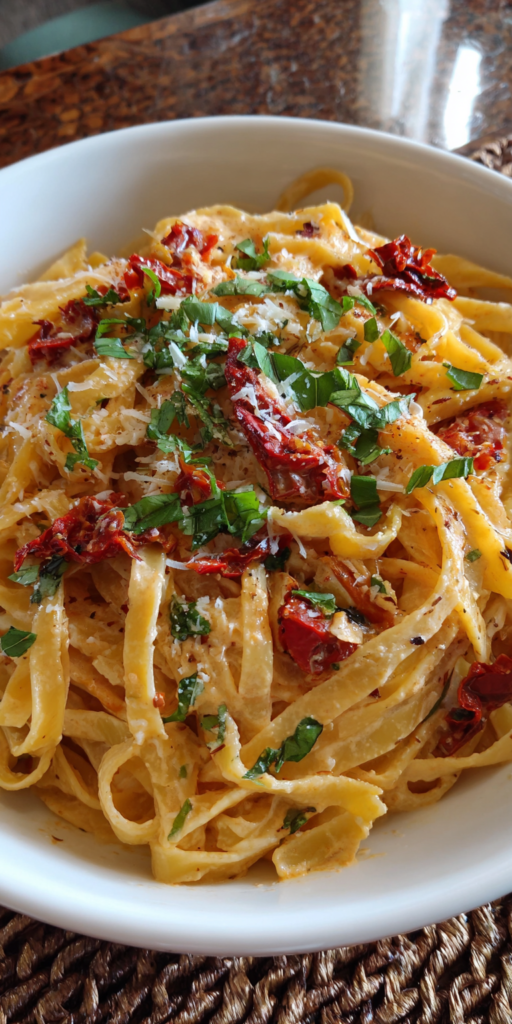Sun Dried Tomato and Olive Pasta Salad served warm with cozy spices