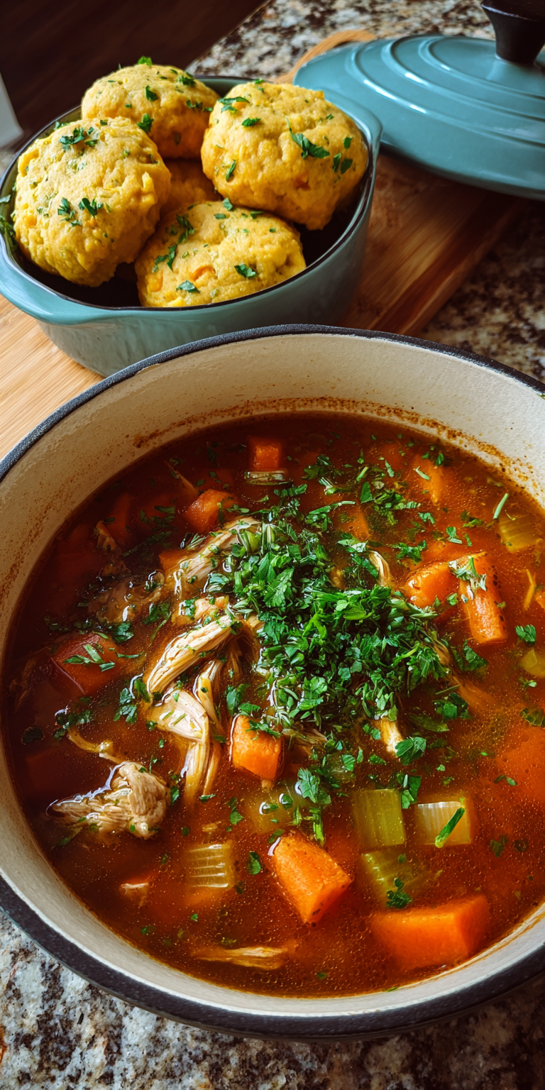 Sweet Potato Dumplings Chicken Soup served warm with cozy spices