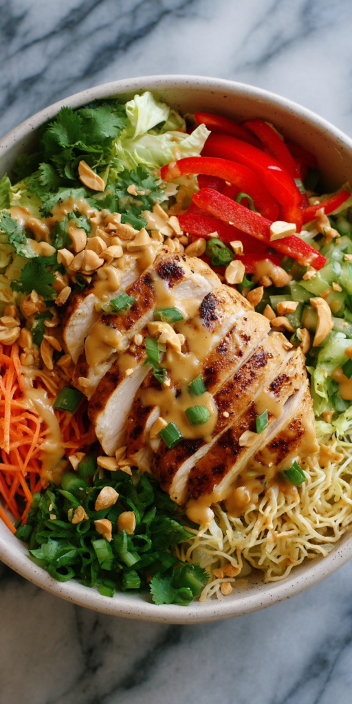 Thai Peanut Chicken Salad Bowl served warm with cozy spices