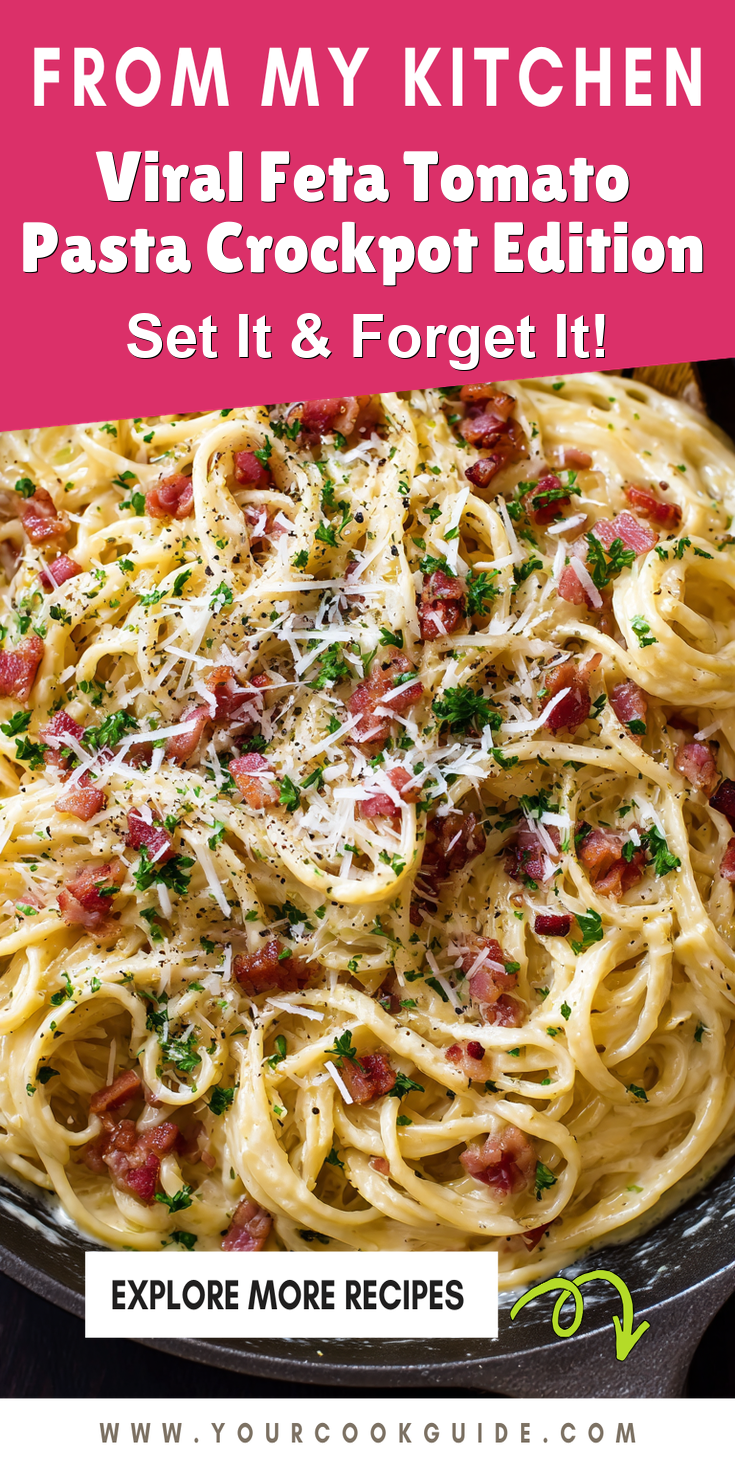 Viral Feta Tomato Pasta Crockpot Edition served warm with cozy spices