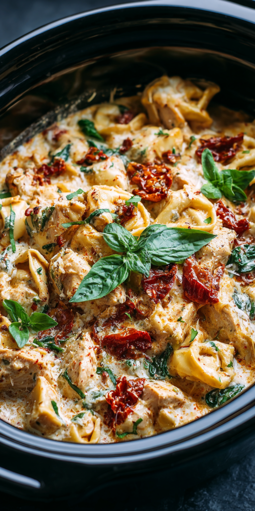Viral Marry Me Chicken Tortellini Crockpot served warm with cozy spices