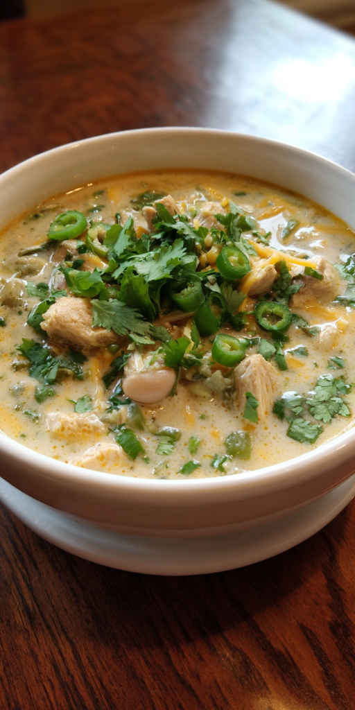 White Chicken Chili with Cream Cheese served warm with gentle spices and a cozy aroma
