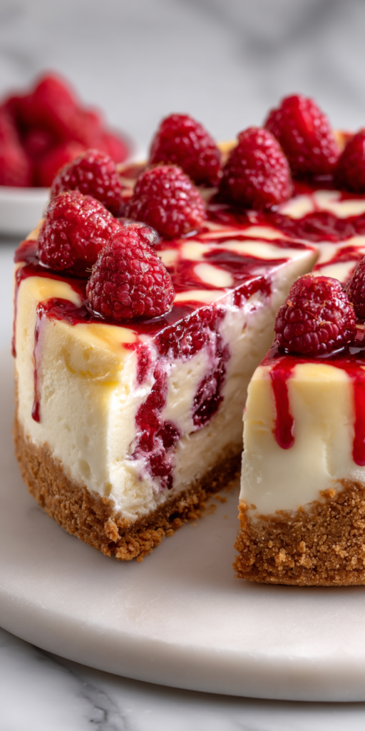 White Chocolate Raspberry Cheesecake served warm with cozy spices