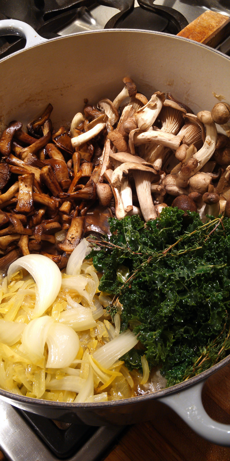 Wild Mushroom, Caramelized Onion and Kale Soup served warm with cozy spices