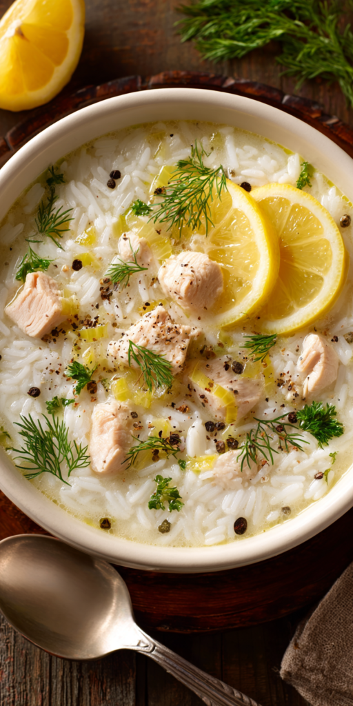 Zesty Lemon Rice Soup with Chicken served warm with cozy spices