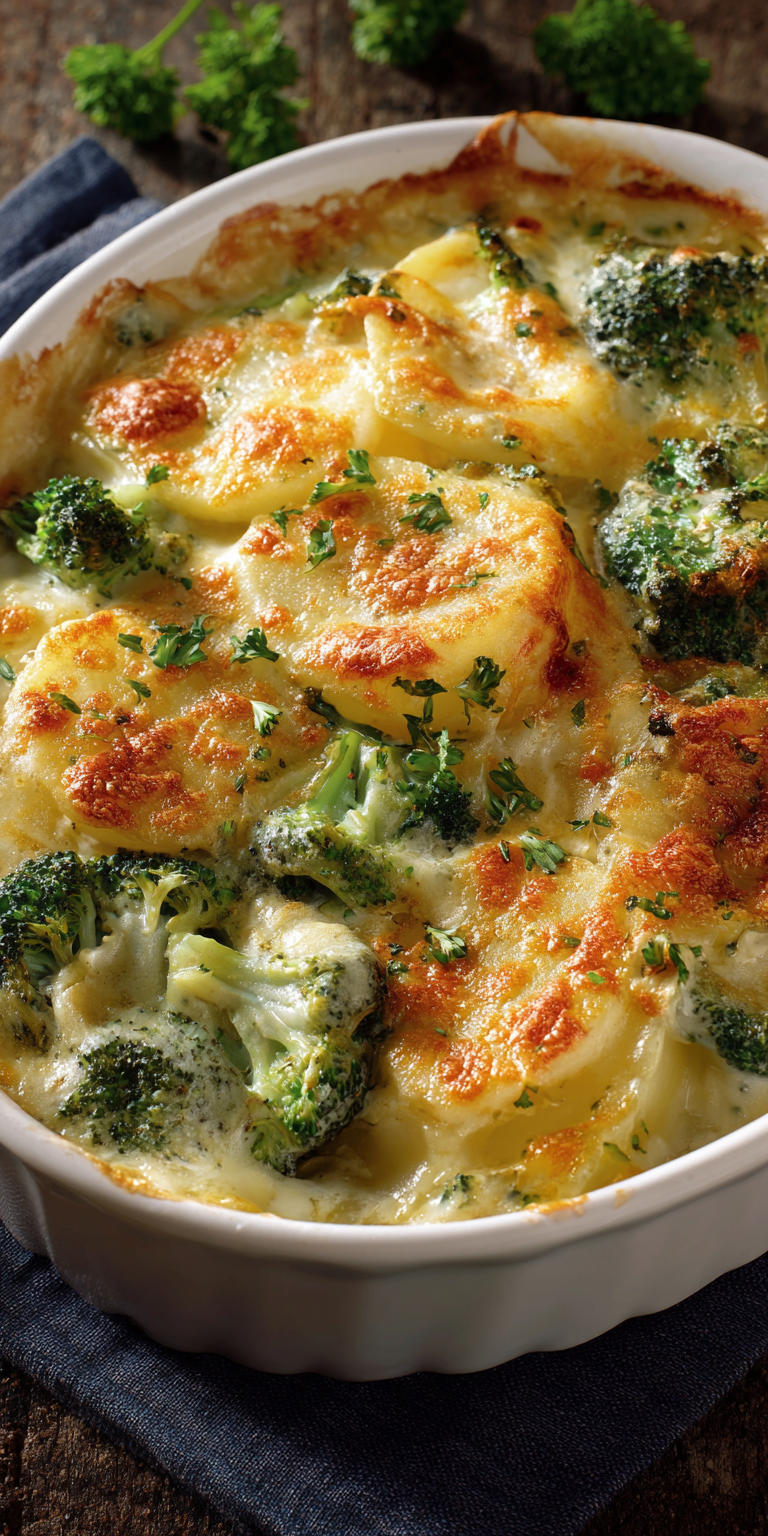 Broccoli Cheddar Scalloped Potatoes served warm with cozy spices
