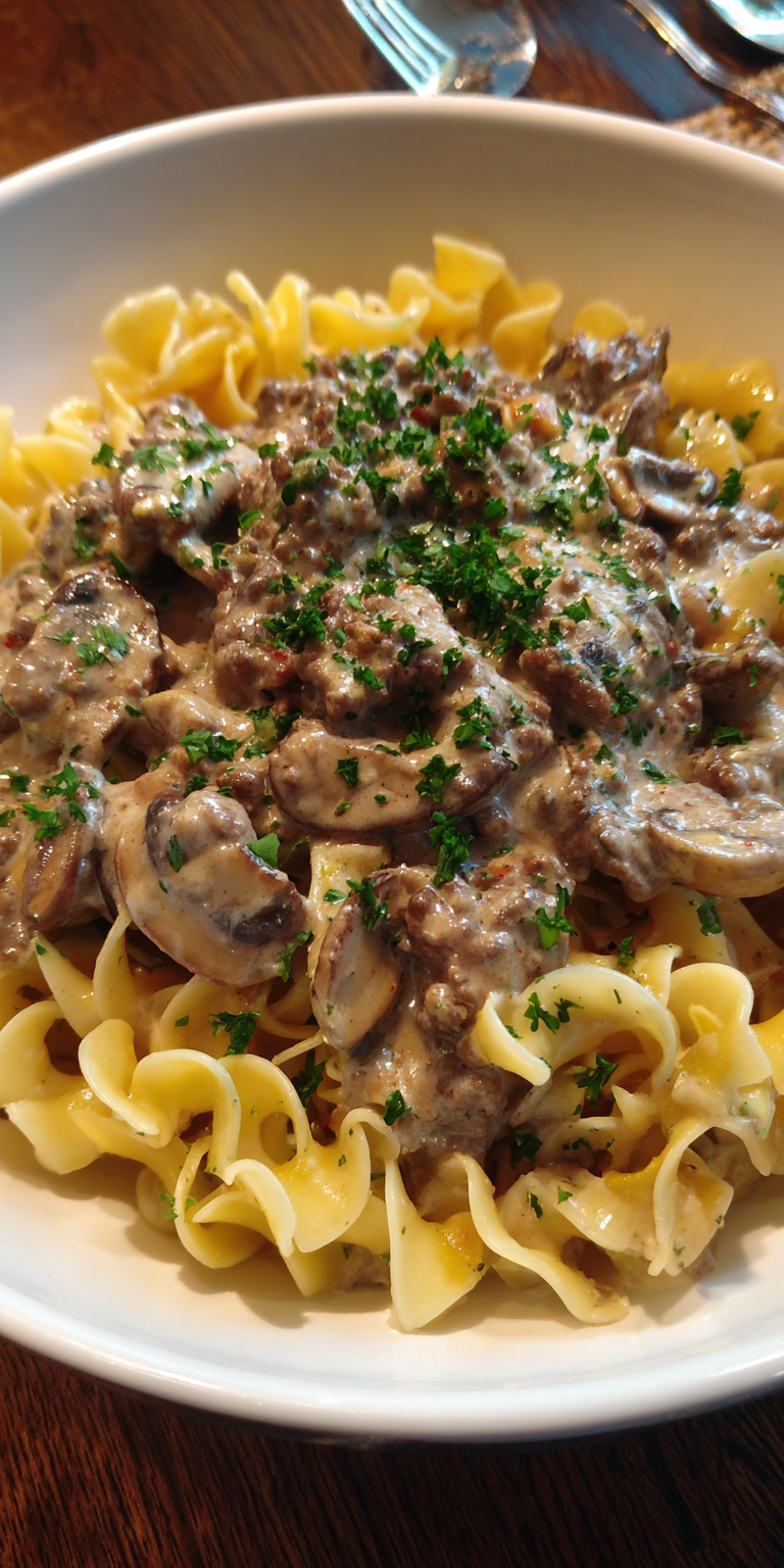 Creamy Beef Stroganoff Pasta served warm with cozy spices