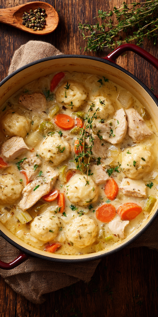 Dutch Oven Chicken And Dumplings served warm with cozy spices