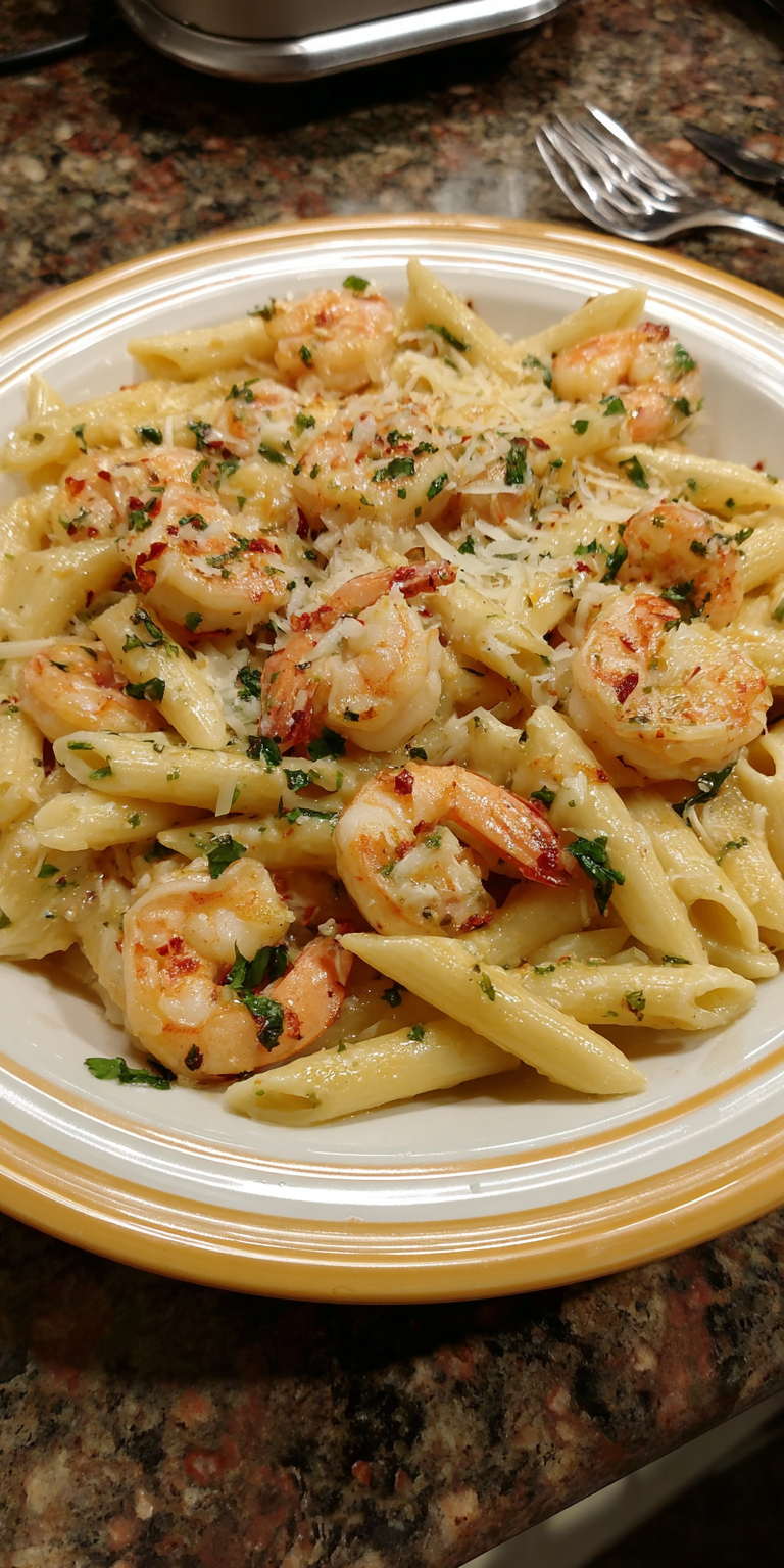 Garlic Parmesan Shrimp Seafood Pasta served warm with cozy spices
