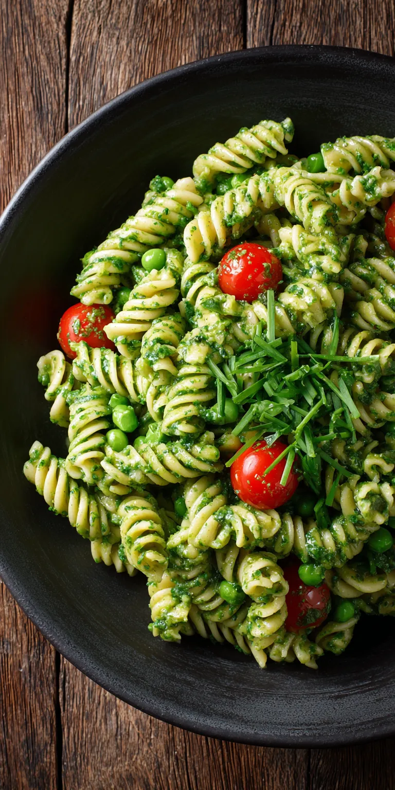 Green Goddess Garden Pasta Salad served warm with cozy spices