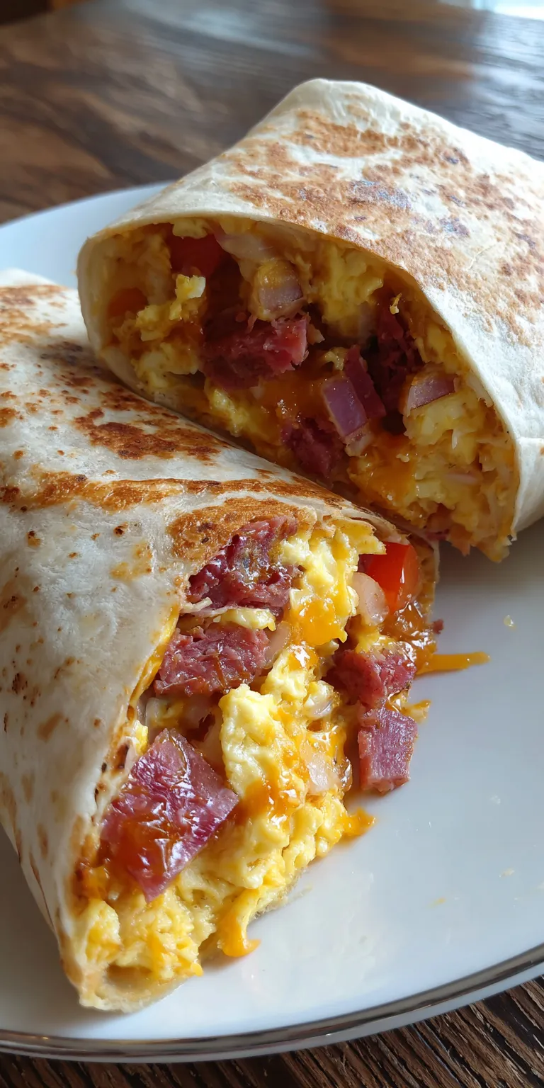 Leftover Corned Beef Breakfast Burrito served warm with cozy spices