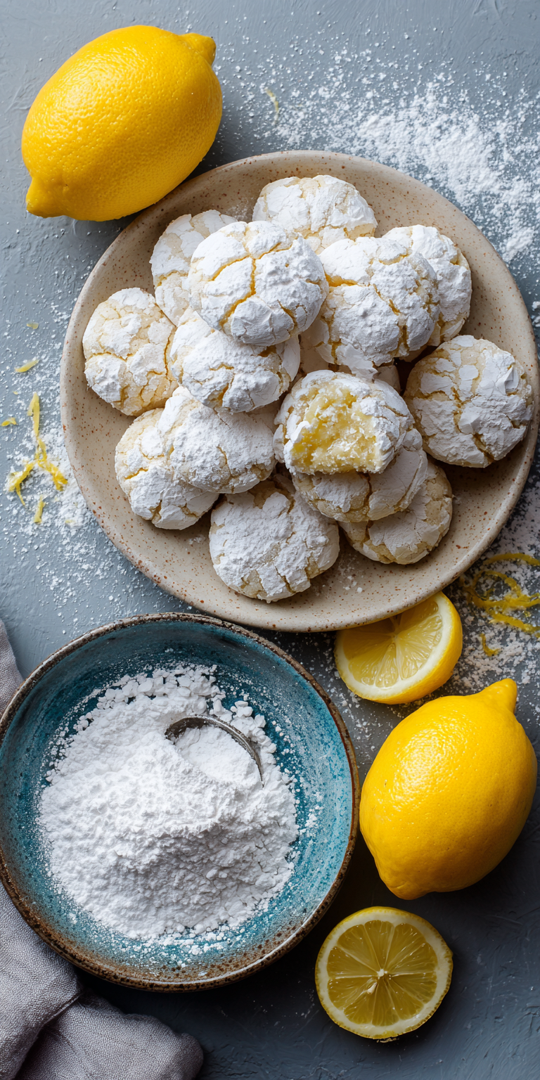 Lemon Crinkle Cookies with Powdered Sugar served warm with cozy spices