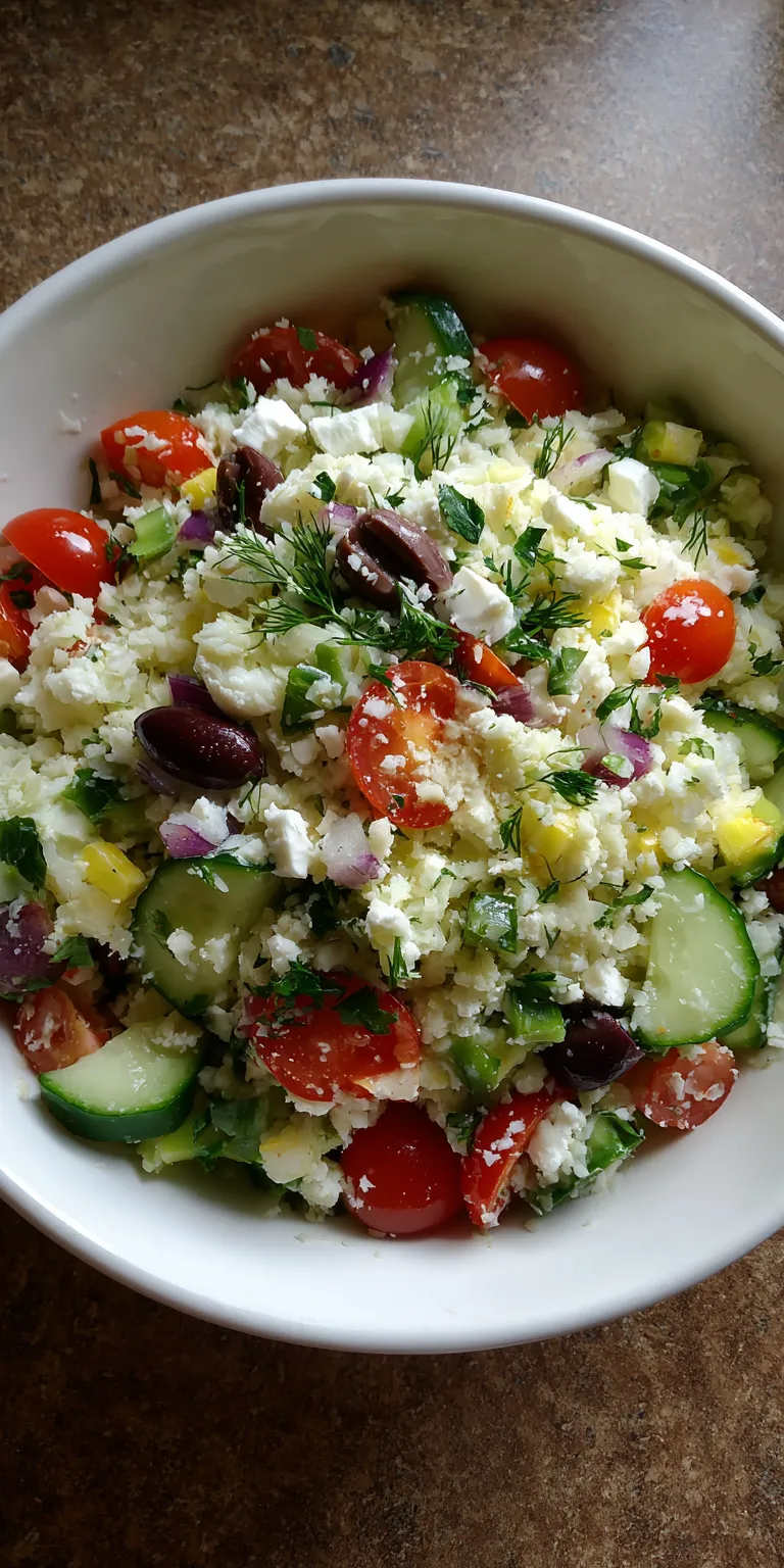 Low Carb Cauliflower Rice Greek Salad served warm with cozy spices