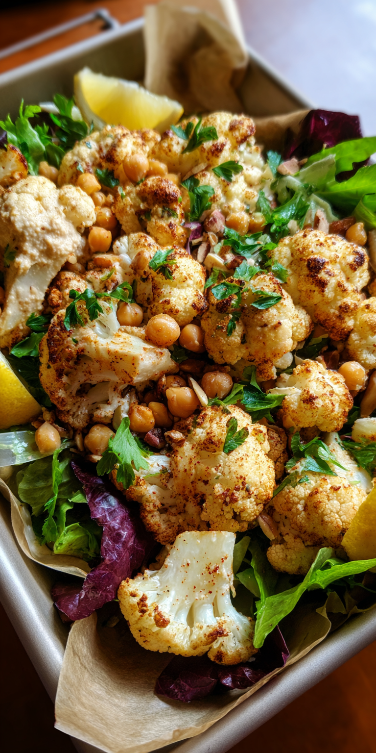 Roasted Cauliflower Hummus Salad Bowl served warm with cozy spices