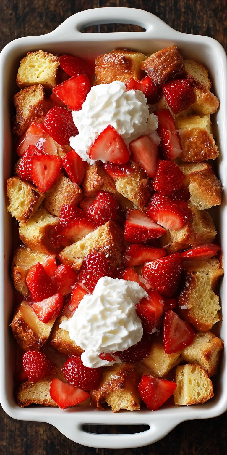 Strawberry Shortcake French Toast Casserole served warm with cozy spices