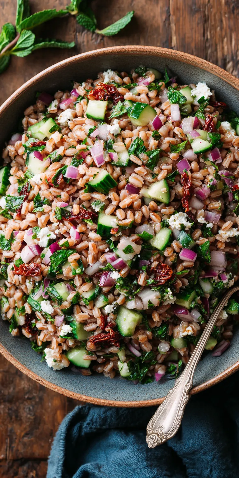 Sun Dried Tomato Farro Salad served warm with cozy spices