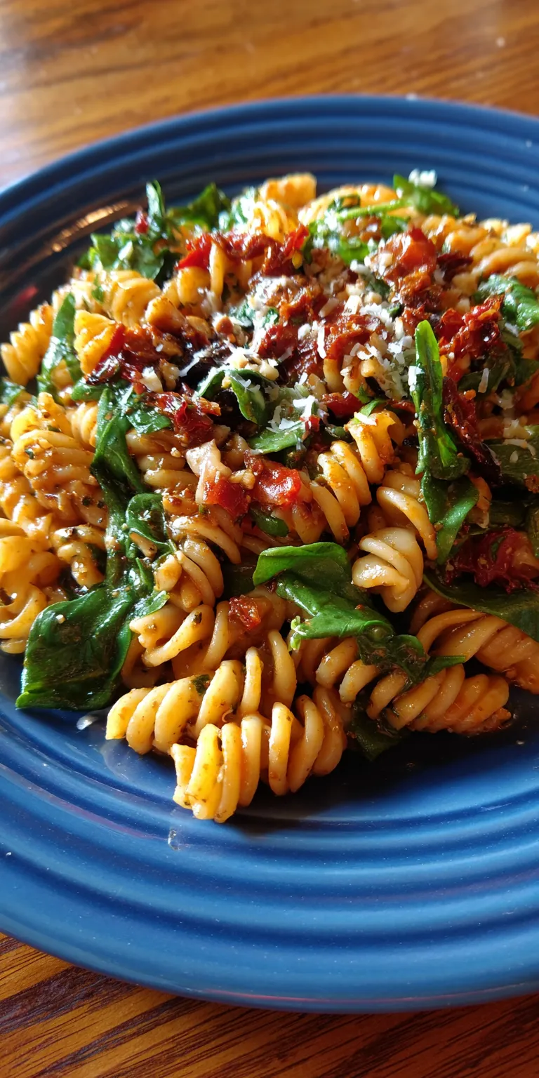 Sun Dried Tomato Pesto Pasta Salad served warm with cozy spices