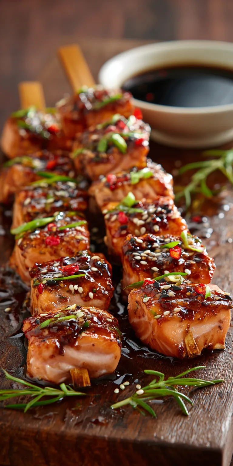 Sweet Chili Salmon Skewers served warm with cozy spices