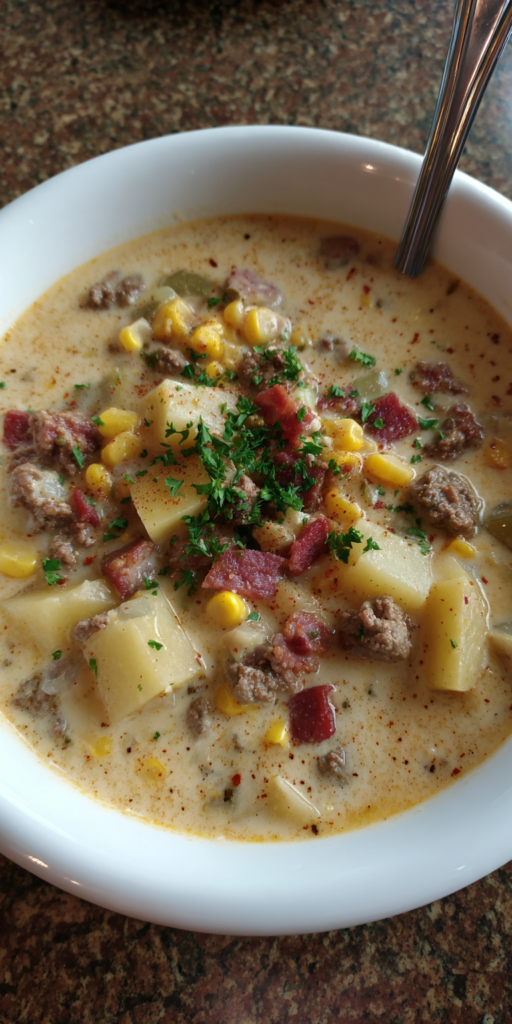 Venison Potato and Corn Chowder served warm with cozy spices